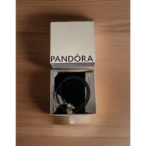 Authentic Pandora Moments Double Black Leather Bracelet & Pink Heart Mom Charm